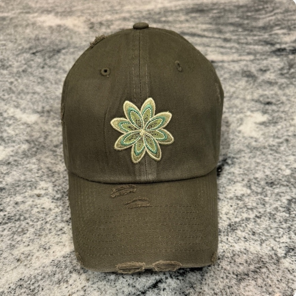 New Custom Designed Olive Green Distressed Baseball Cap with Olive Green Flower.